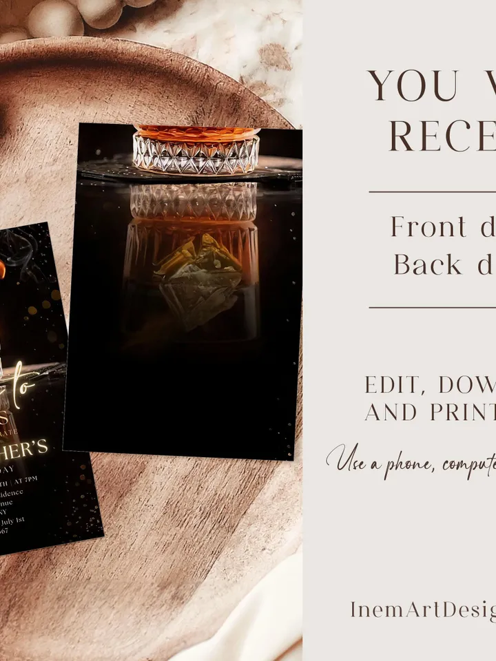 Whiskey Birthday Invitation, Cheers to 25 Years, Editable Canva Invite, Adult Men Party, Cognac Scotch Liquor