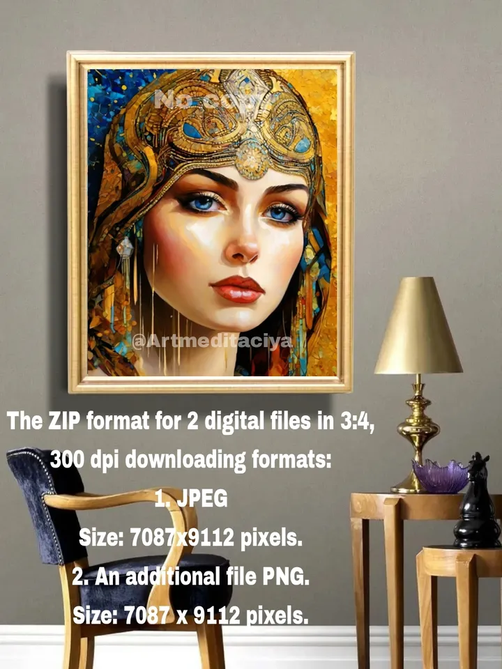 Digital abstract modern painting "Mysterious Stranger", a sweet blue-eyed Slavic woman in an ornamental golden-blue shawl on an abstract contrasting blue-yellow background "day-night", made in the ethnostille of oil painting