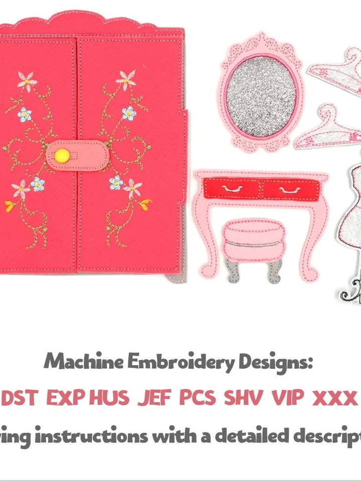 ITH Felt Dollhouse Dressing Room Furniture Set | Wardrobe Vanity Mannequin Pattern | Miniature Embroidery Design Hoop 5x7