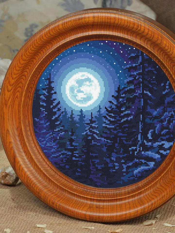 Nature cross stitch pattern download PDF Night landscape embroidery beginners Forest cross stitch Starry night sky Moon cross stitch #L19