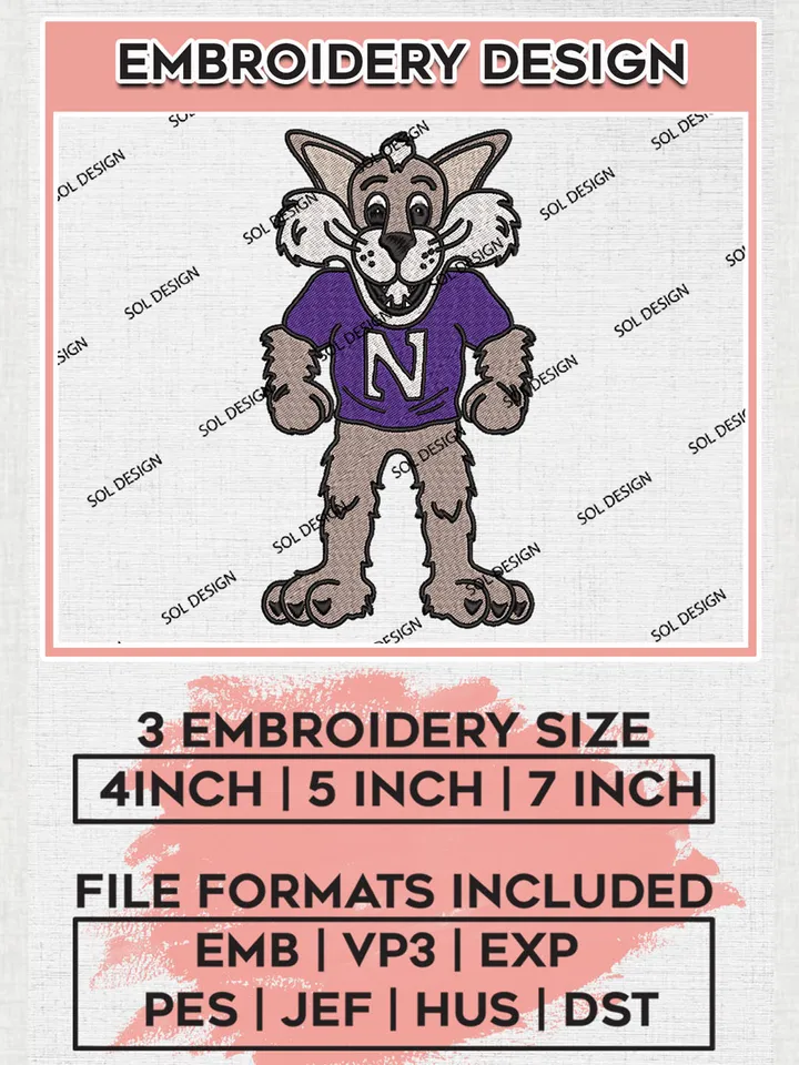 Northwestern Wildcats Team Mascot Logo Embroidery Design Files, NCAA Northwestern Wildcats Machine Embroidery, NCAA Teams, 3 sizes, NCAA Machine embroidery designs, Digital Download