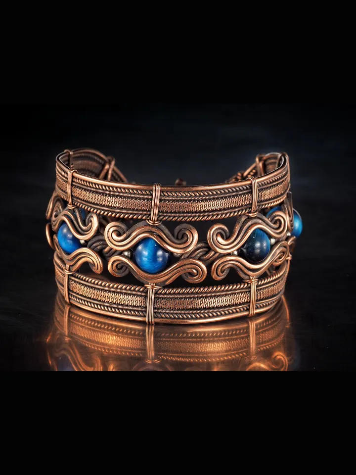Copper wire bracelet with natural falcon eye, 7th Wedding Anniversary gift
