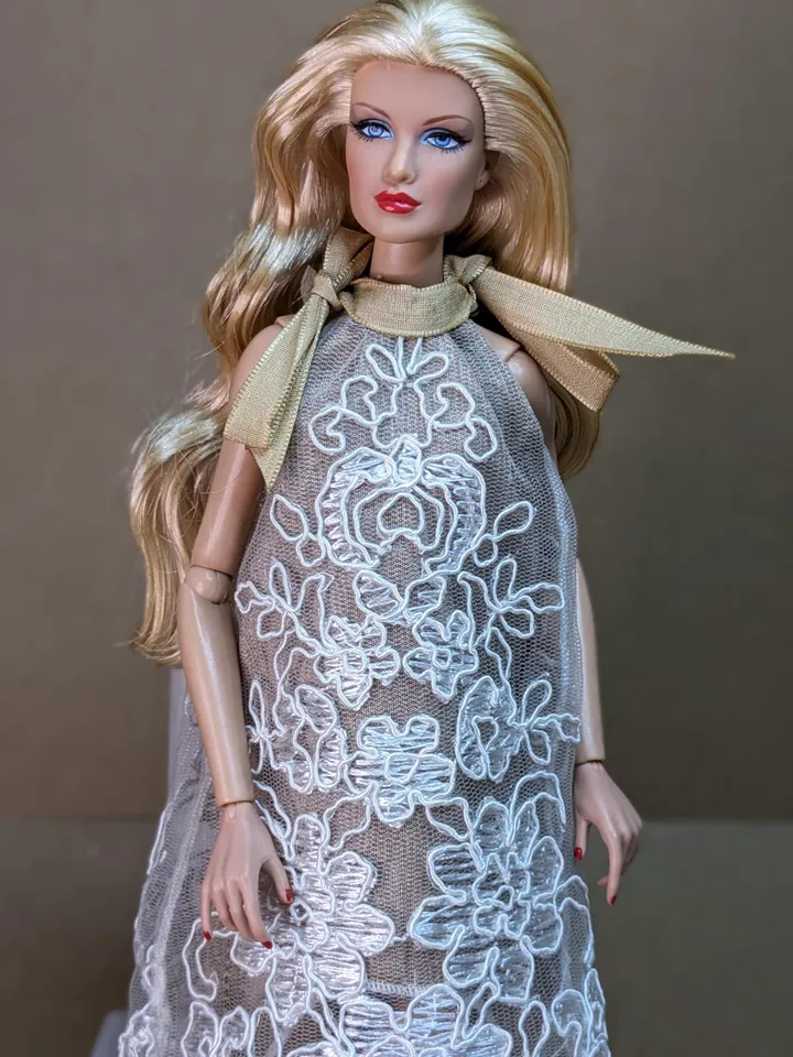 Handmade white & beige lace dress for 13-inch fashion dolls