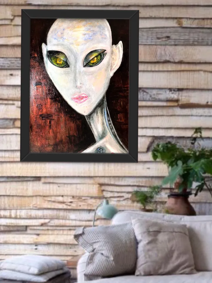Alien painting on canvas,Alien portrait acrylic mix media painting.