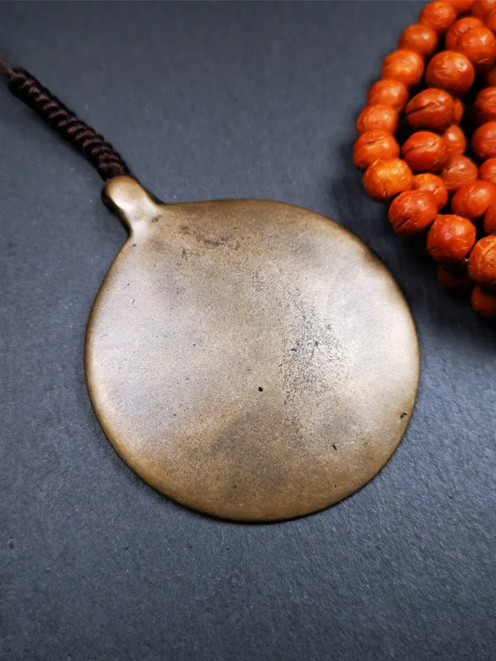 Gandhanra Vintage Tibetan Buddhist Calendar Badge,Melong Mirror, SIPAHO Amulet,Unique Mandala Flower Pattern,made of Lima Brass,2.16"