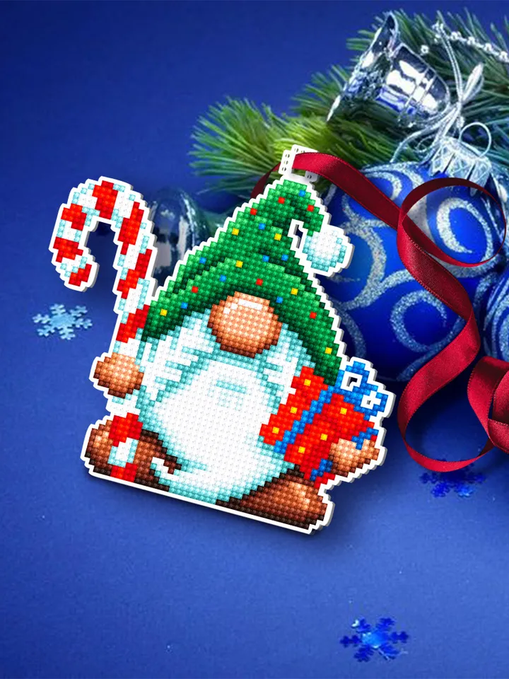 Gnome Christmas tree decor for plastic canvas cross stitch pattern PDF download Double-sided Christmas gnome on plastic canvas pattern #N98