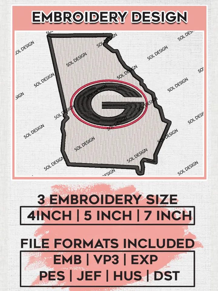 NCAA Georgia Bulldogs Team Map Logo Embroidery Design Files, NCAA Georgia Bulldogs Machine Embroidery, NCAA Teams, 3 sizes, NCAA Machine embroidery designs, Digital Download
