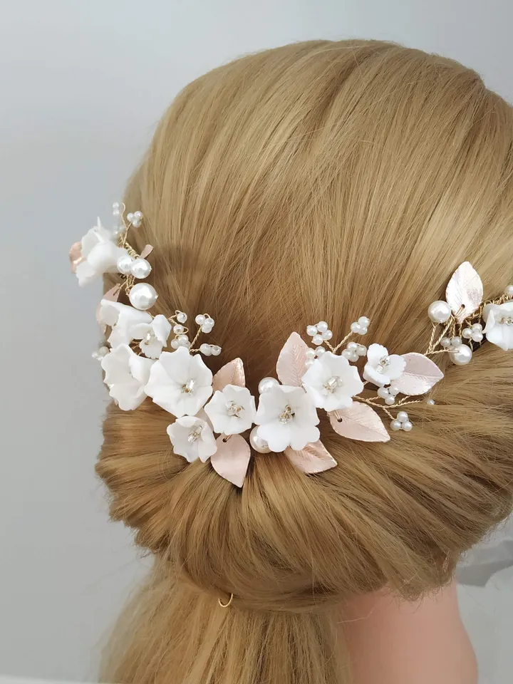 Delicate Floral Bridal Hair Comb, Floral Hair Piece in Pale Gold, Porcelain Flower Bridal headpiece, Wedding Headpiece for Boho Weddings,