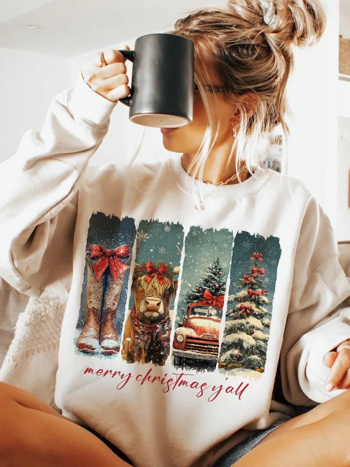 Merry Christmas Yall Vintage small town christmas PNG, Cowgirl Png, Small town girl PNG, highland cow Christmas png, Christmas western