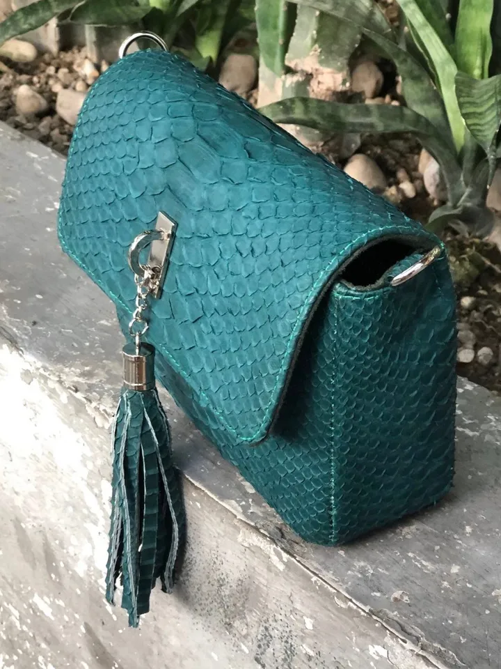 Dark green genuine python skin tassel bag | green chain crossbody bag | Leather designer bag | Exotic skin bag | Small crossbody Bag tassel