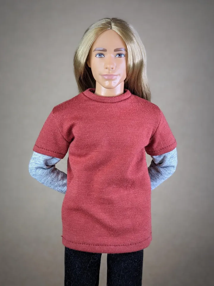 Red & gray long-sleeve T-shirt for 12-inch fashion male dolls