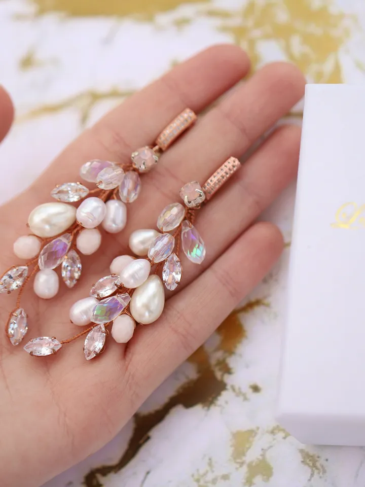 Blush Opal Rose Gold Wedding Earrings, Swarovski Crystal Chandelier Statement Bridal Earrings, Freshwater Pearl Wedding Jewelry For bride,