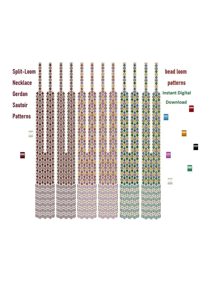 Sautoir-Gerdan-Split-Loom Beaded Necklace, Beading Loom Stitch, Square Stitch, 6 loom patterns, Instant Download, PDF