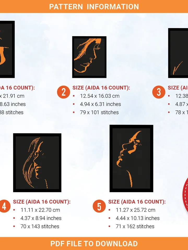 Female Silhouettes Bundle of 5 cross stitch pattern, woman, portrait, home decor, counted, chart, gift DIY, embroidery, instant PDF