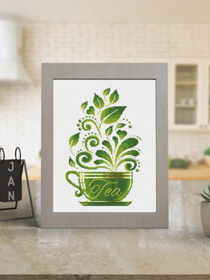 Tea cup cross stitch pattern download PDF, Awesome kitchen cross stitch chart, Funny embroidery beginner, Green tea cross stitch PDF #F7