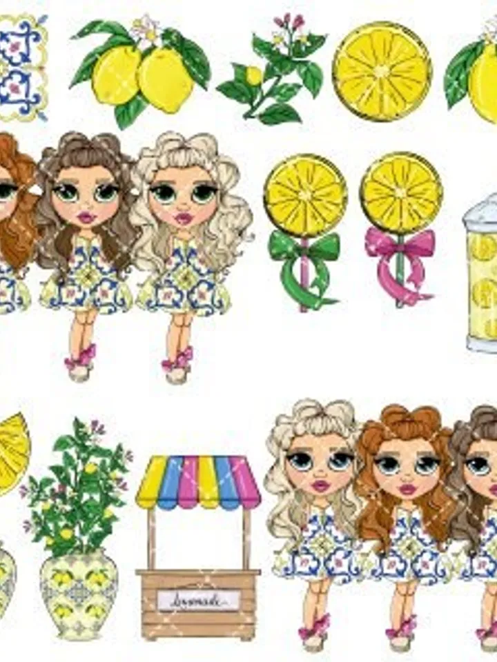 Magnificent Lemon Girl Clipart, Citrus Doll Clipart, Summer Girl Clipart, Lemon Clipart Bundle, Cute Planner Dolls Stickers, Fruit Sublimation Design