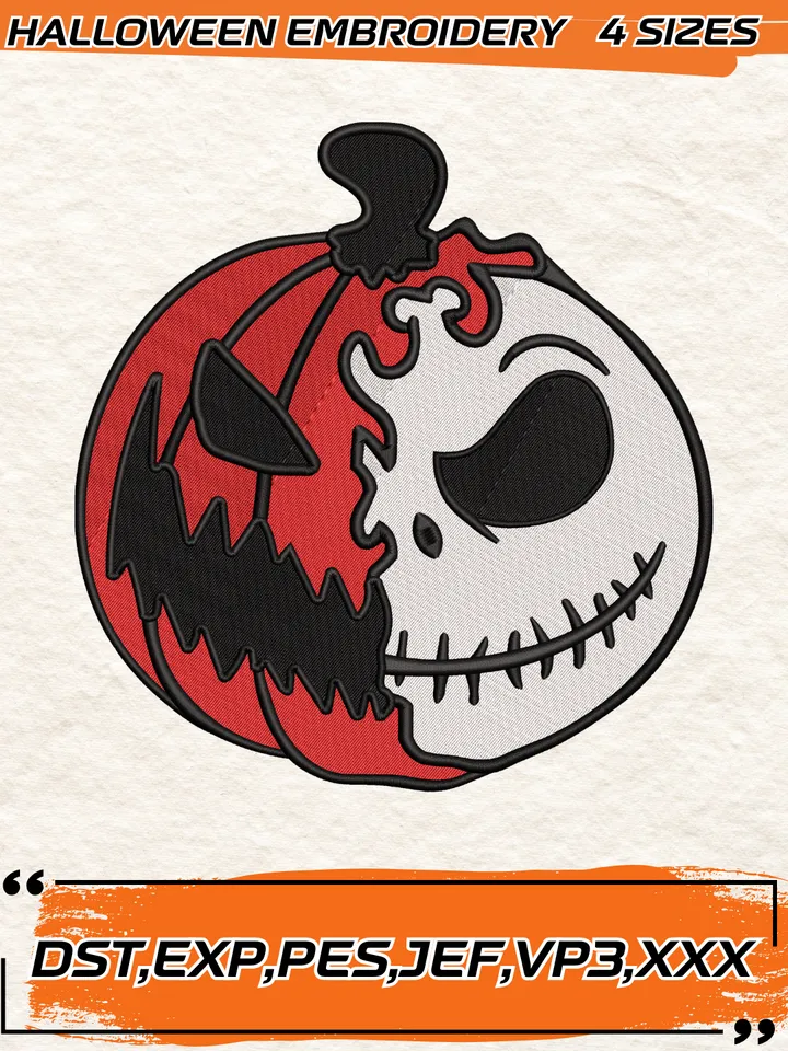Halloween Jack Skellington Pumpkin Embroidery Design, Halloween Embroidery Design,4 Sizes,Digital Download