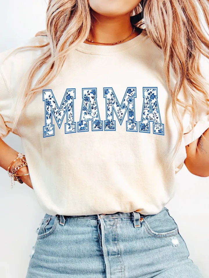 Chinoiserie Floral Mama Blue Willow Filled PNG Digital Download Hand Drawn Sublimation, Mama University Font, chinese style ceramic pattern