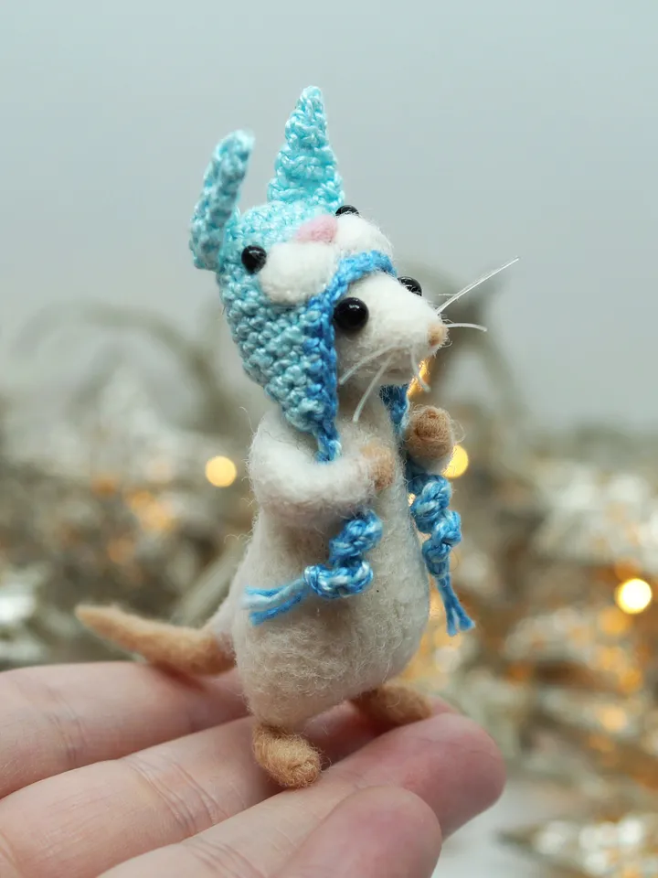 Timmy the mouse, miniature needle felted white mouse in a rabbit hat, made to order
