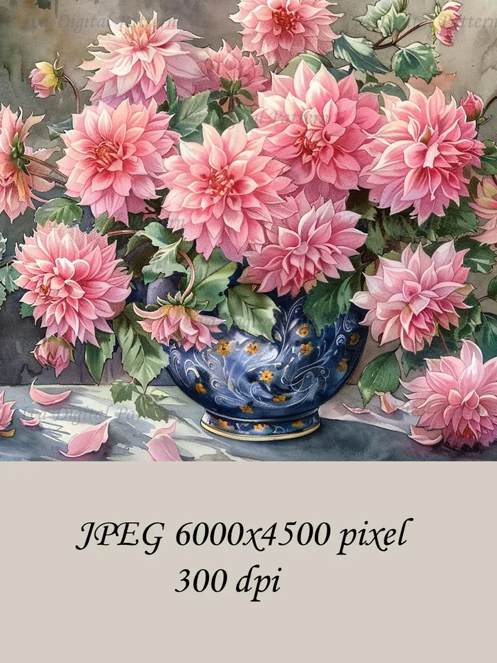 Bouquet of pink dahlias in a vase watercolor drawing, digital illustration, digital painting , wall art decoration. AI