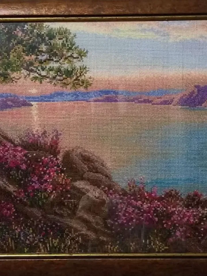 Framed picture, cross stitch "Mountain lake", size 40 x 60 cm