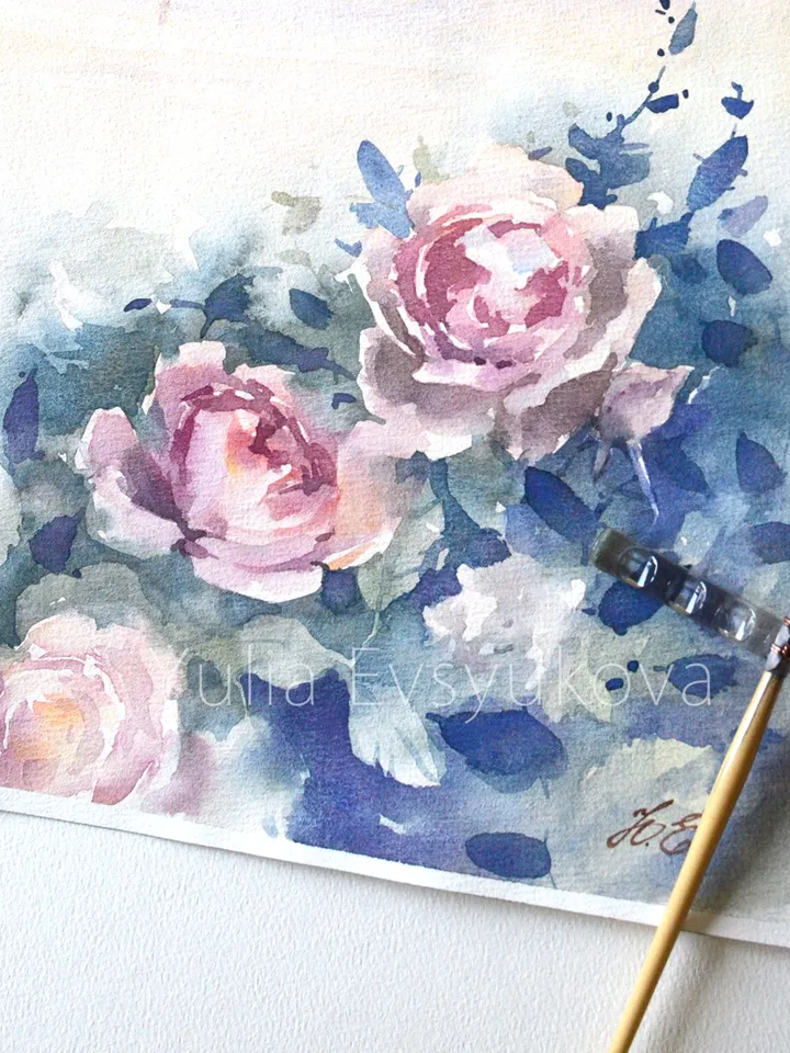 Fantasy seascape painting Original art Castle, roses and sea Watercolor by Yulia Evsyukova