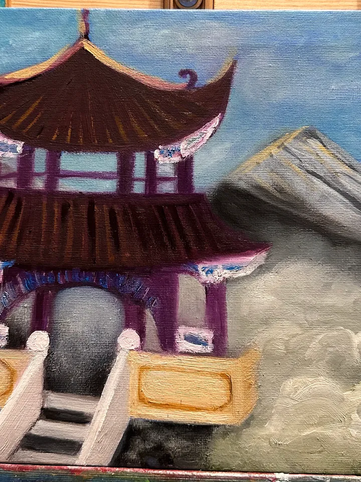 Oil Painting Shaolin Monastery Morning Fog Mountain Landscape China Buddhism Stretched Canvas 10x12 inches 25x30 cm Wall Decor Gift