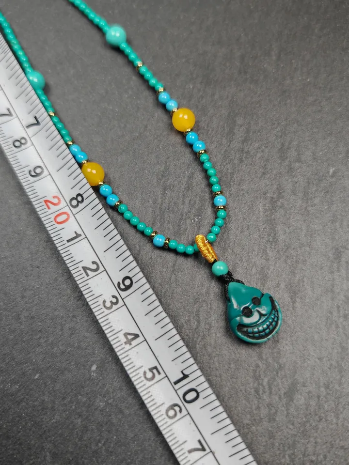 Authentic Turquoise Citipati Skull Protective Necklace,Gandhanra Tibetan Turquoise Amulet for Woman,23cm Length, Spiritual Gift