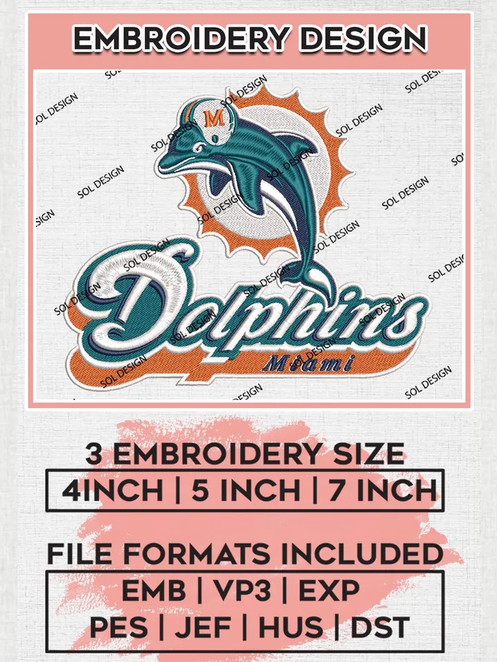 NFL Miami Dolphins Embroidery Design Files, NFL Dolphins, NFL Logo Embroidery Files, NFL Miami Dolphins Machine Embroidery Design, Digital Download