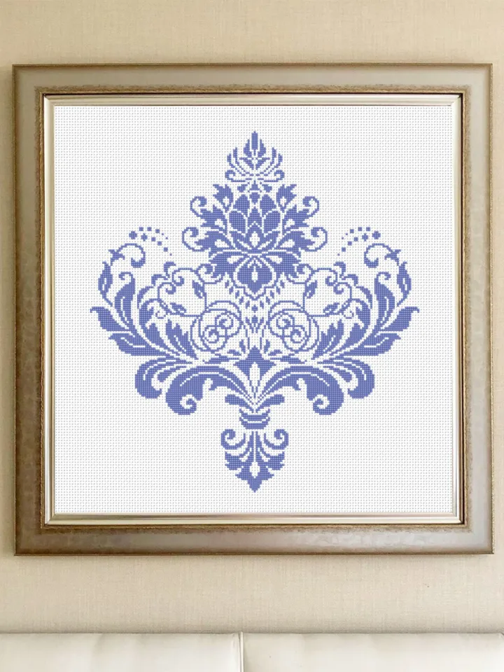 Floral damask ornament cross stitch pattern PDF download Flower mandala cross stitch chart, Damask pattern digital PDF, Floral scroll #M254