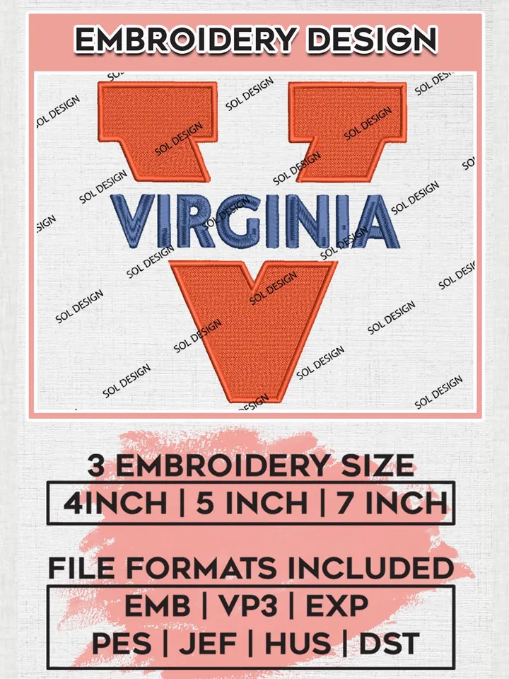 Virginia NCAA College Team Word Logo Embroidery Design Files, NCAA Virginia Cavaliers Machine Embroidery, NCAA Teams, 3 sizes, NCAA Machine embroidery designs, Digital Download