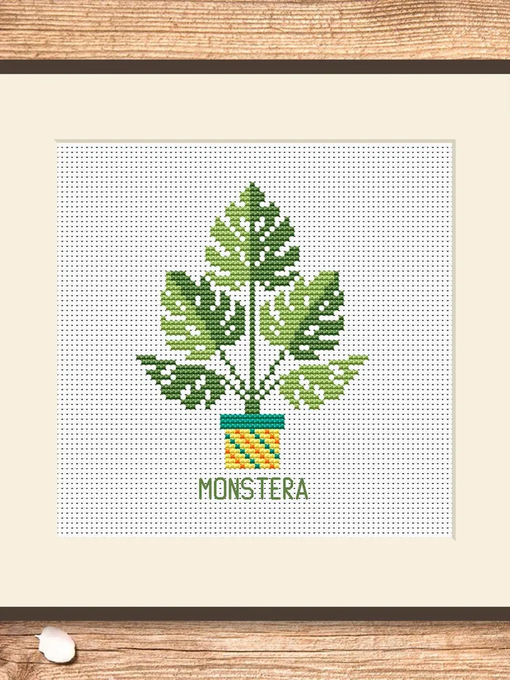 Monstera Cross Stitch Pattern, Flower Cross Stitch Pattern, Embroidery Monstera, Flowers xStitch, Potted Flowers Cross Stitch #flw002