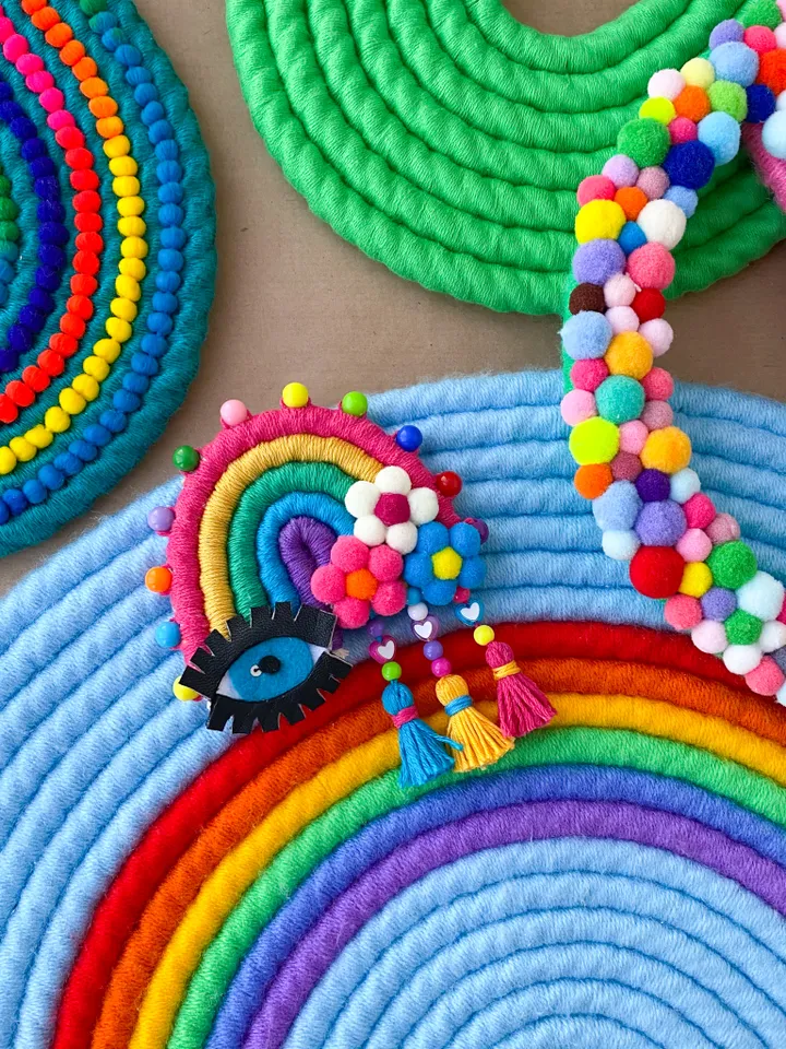 Rearview mirror accessories, Rainbow with evil eye car charm, Hippie decor 60s, 70s, Cute car charm for woman