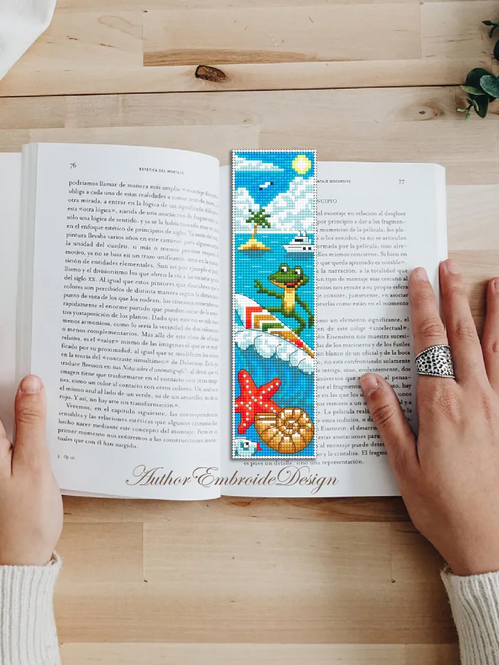 Summer bookmark cross stitch pattern PDF download Funny frog cross stitch chart, Sea bookmark pattern digital PDF, Beach vacation #B447