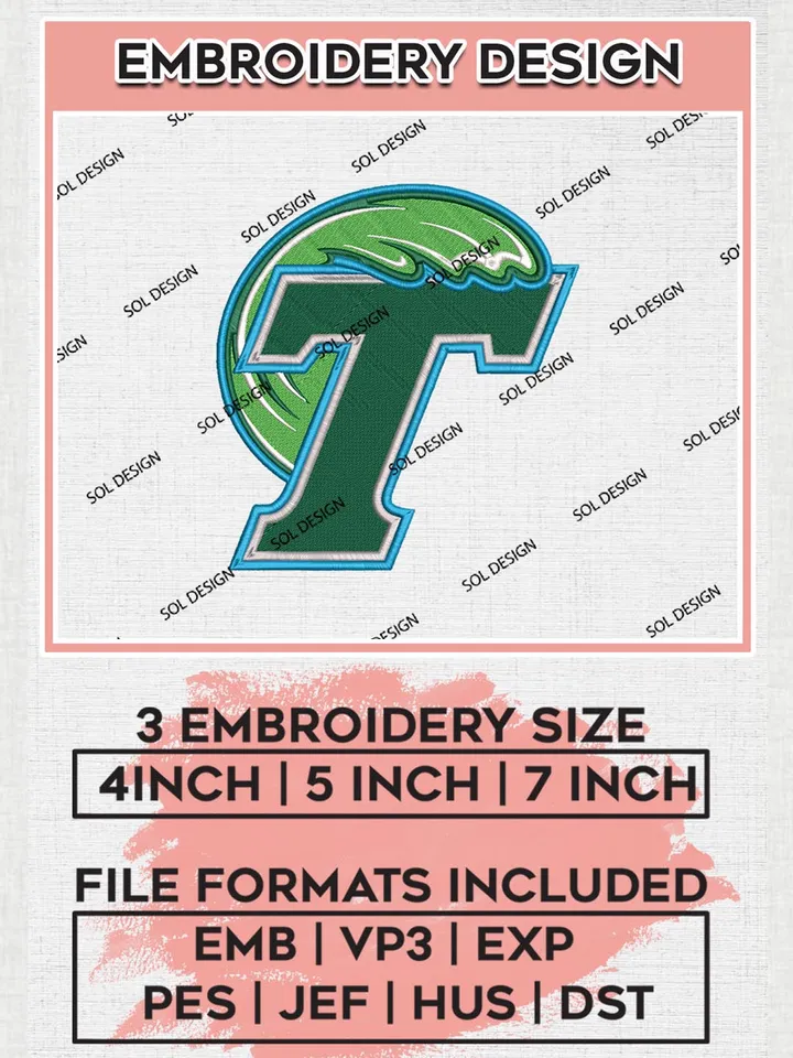 NCAA Tulane Green Wave Team Logo Machine Embroidery Design, NCAA Tulane Green Wave Design Design files, NCAA Team Embroidery Designs, NCAA Machine Embroidery Designs, Digital Download