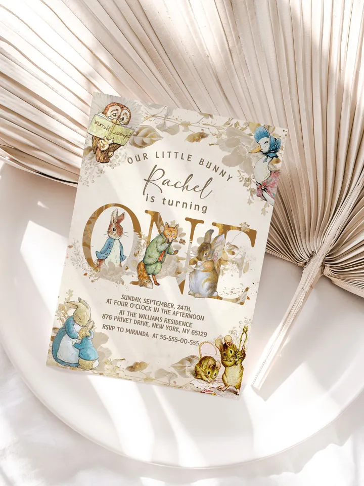 DIY Classic Peter Rabbit First Birthday Invitation; Peter Rabbit neutral birthday any age editable template; tale of peter rabbit pr1