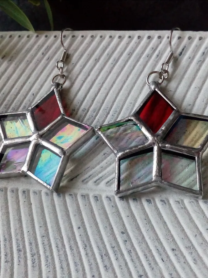 Star drop earrings, flower dangle earrings, geometric earrrings, Iridescent drop earrings, simple stained glass