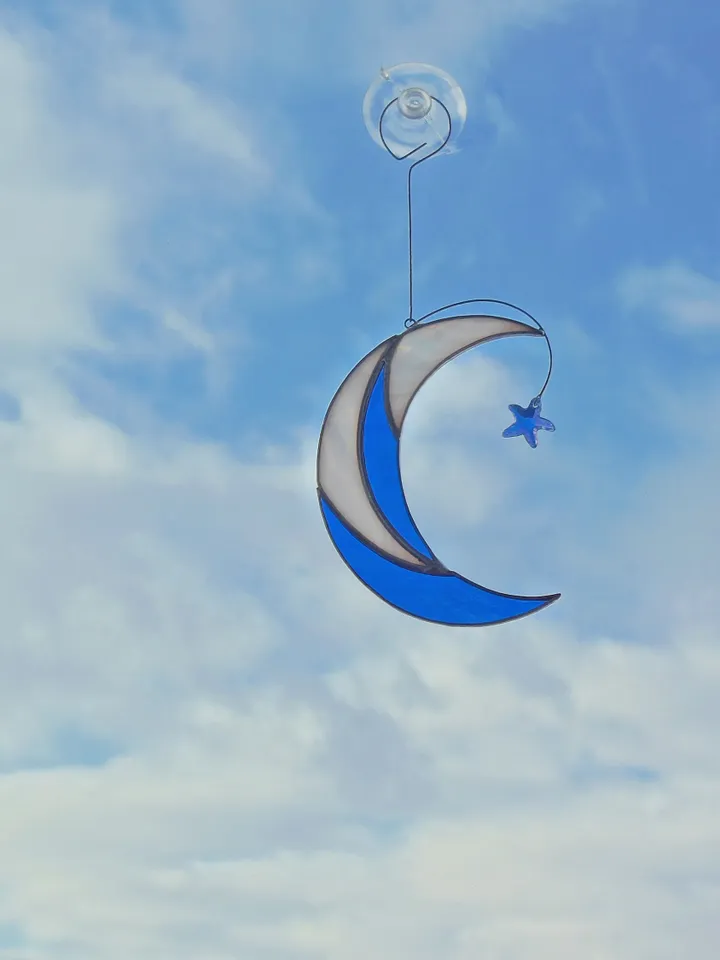 Moon with Shooting Star Swarovski Сrystal . Stained glass window hanging Suncatcher , idea for anniversary , birthday and Christmas gift
