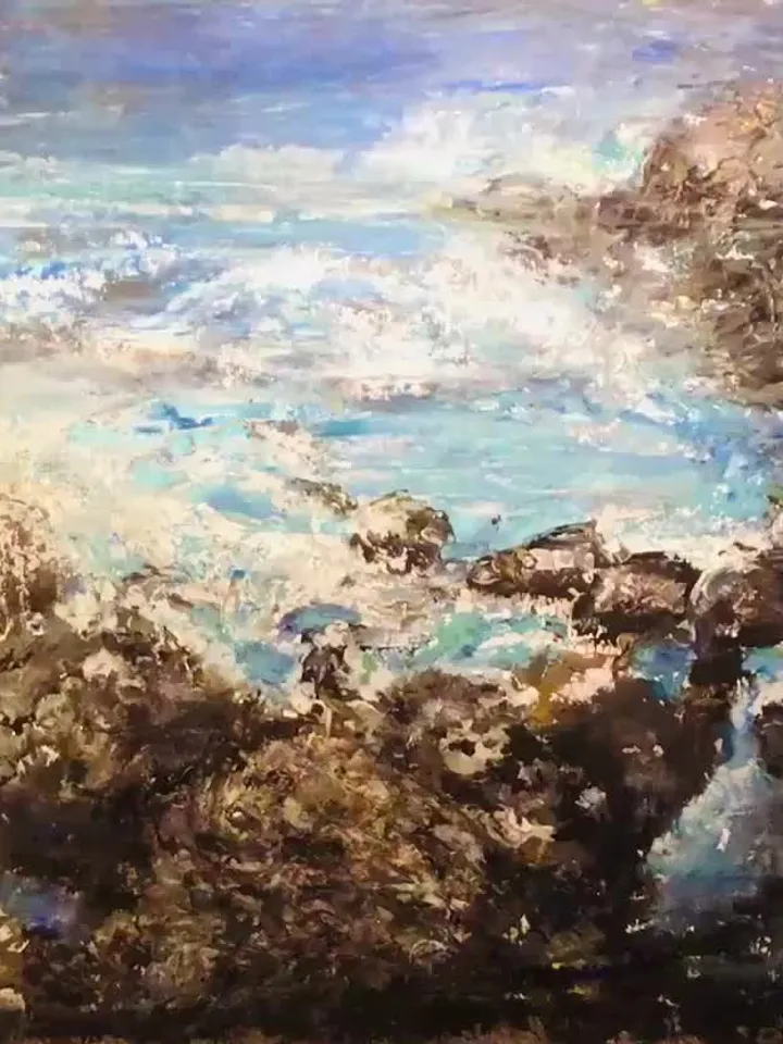 Rocks and ocean original acrylic mix media painting on paper,wall art,semi abstract seascape.