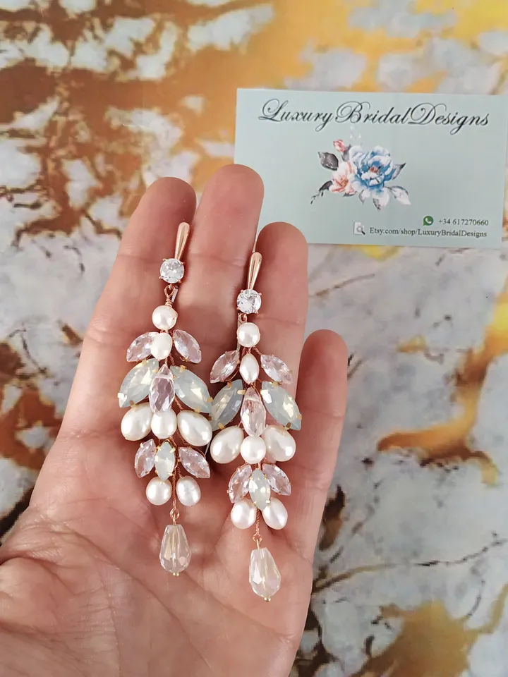 Opal Rose Gold Wedding Earrings, Chandelier Statement Earrings, Cubic Zirconia Wedding Jewelry, Boho Wedding Earrings, Boho Bridal Earrings