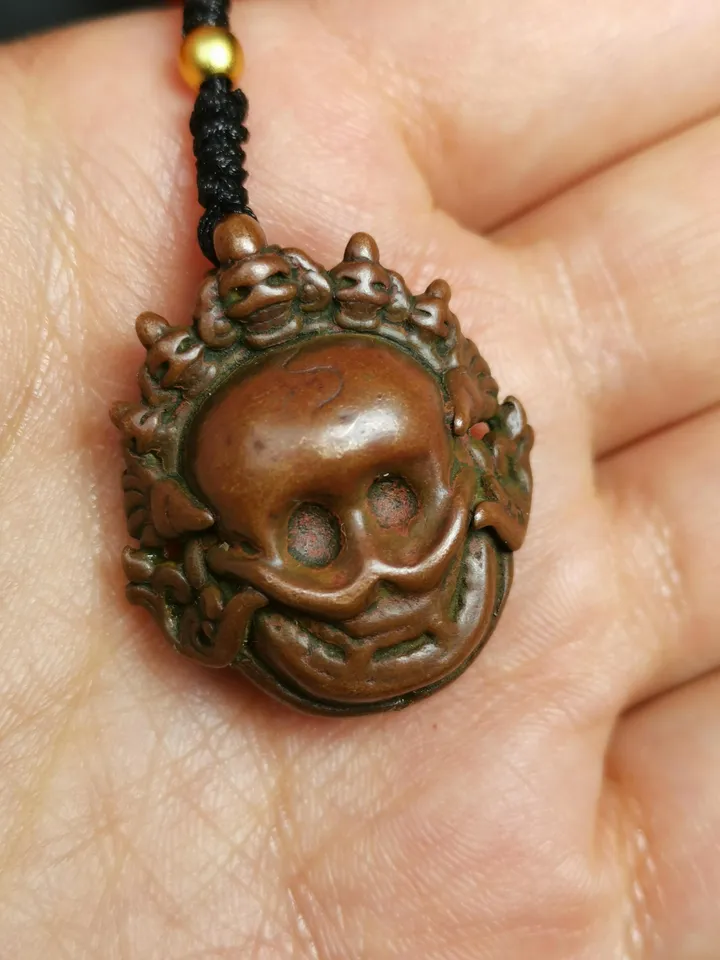 Gandhanra Antique Tibetan Gau Box Amulet,Unique Citipati Skull Ghau Shrine,Mini Tibetan Buddhist Altar Necklace with Colorful Offerings