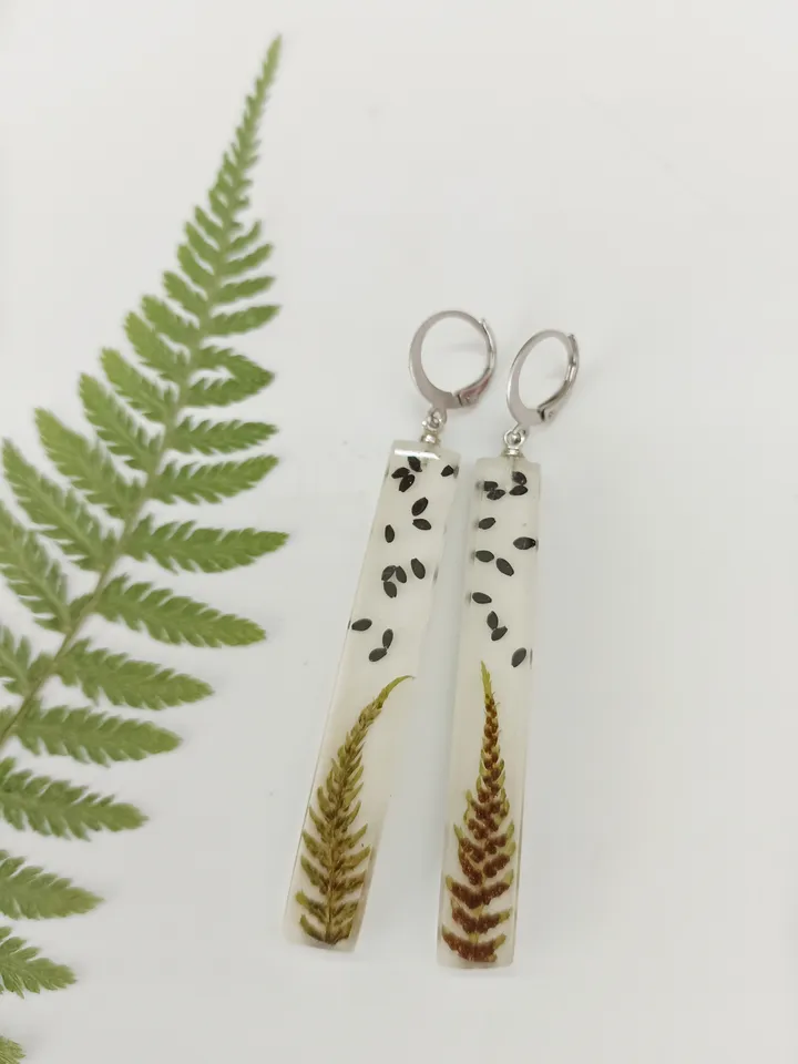Dangle Earrings with Fern in Epoxy Resin Forest Jewelry Gift for her