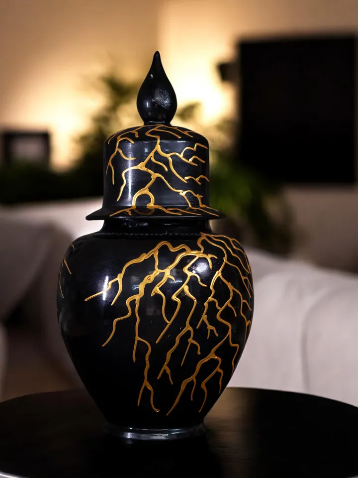 Handmade Large Jar with Lightning-Inspired Gold Accents | 45 cm Decorative Art Object, Home Decor
