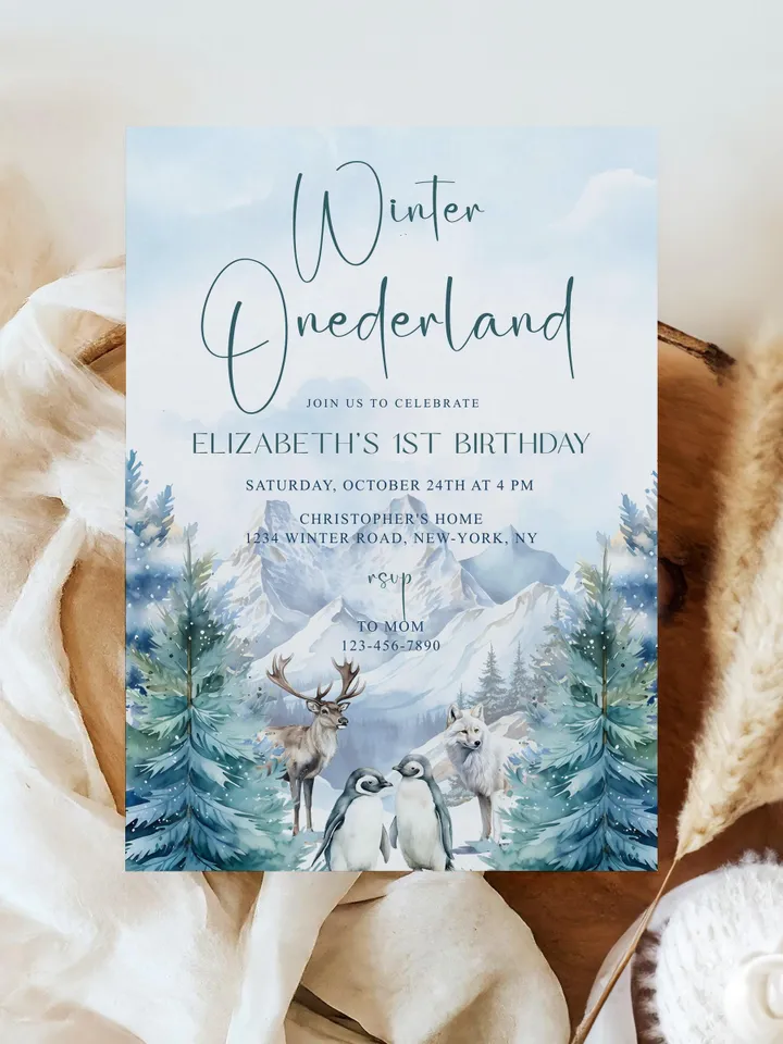 Winter Onederland Invitation | Wonderland Boy Girl First 1st Birthday Party Invite | Deer Arctic Animals Woodland Forest - I124
