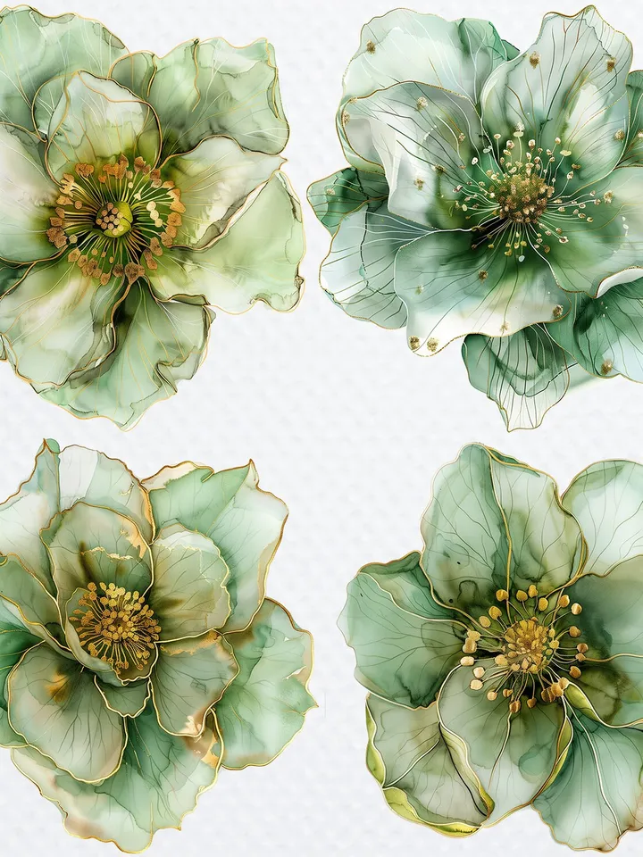 12 Abstract Flowers Clipart, Green Gold Flowers PNG, Lime Gold Flowers Print for sublimation, Printable Watercolor clipart, Digital download