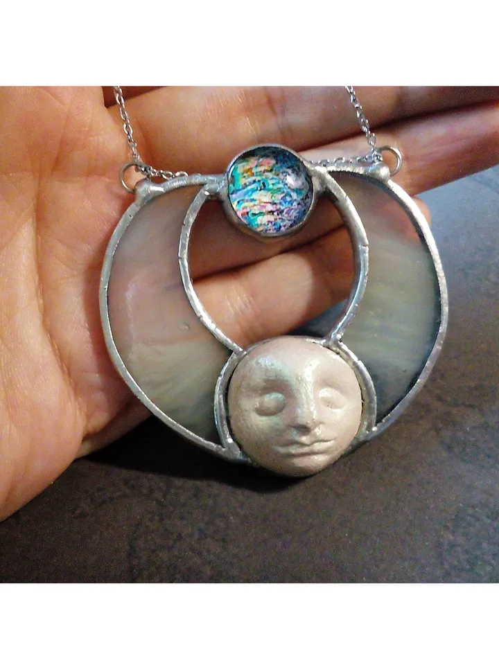 Stained glass moon, Moon Goddess, Moon phase necklace, Stainglass crescent, Full moon pendant, Moon face necklace