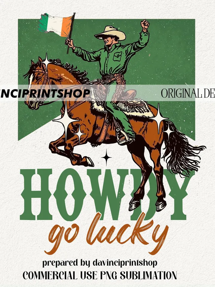 Howdy Go Lucky Png, Western St patricks day png, Retro st patricks png, St patrick png, Cowgirl St patricks png, irish day png, western png