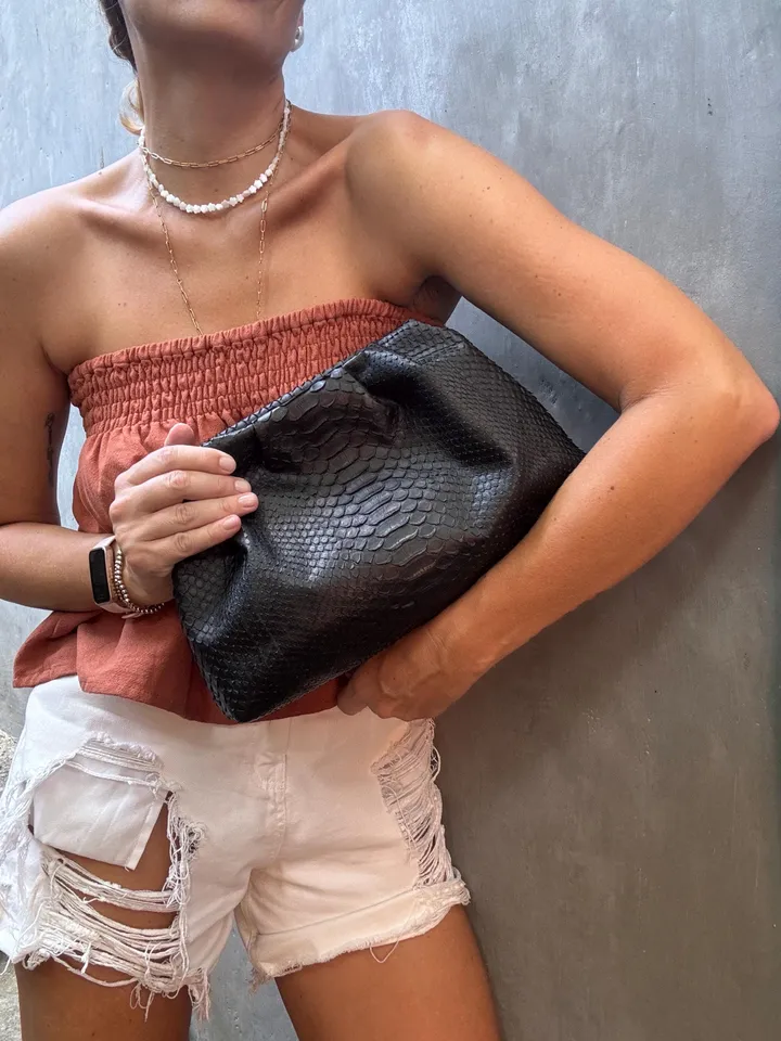 Genuine python skin black  pouch bag | exotic leather bags | medium size soft clutch | snake designer bag | gift for her | classy purse