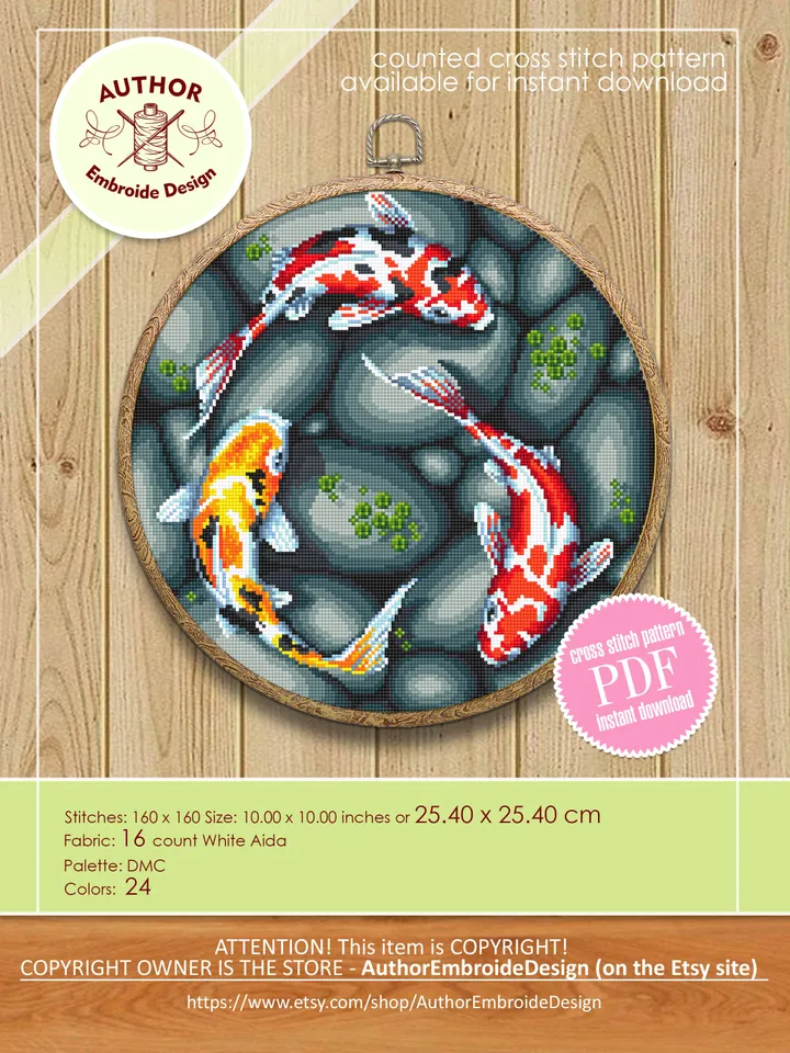 Koi pond cross stitch pattern download PDF, Koi fish cross stitch chart, Fish hand embroidery PDF, Oriental decor, Nature cross stitch #L51