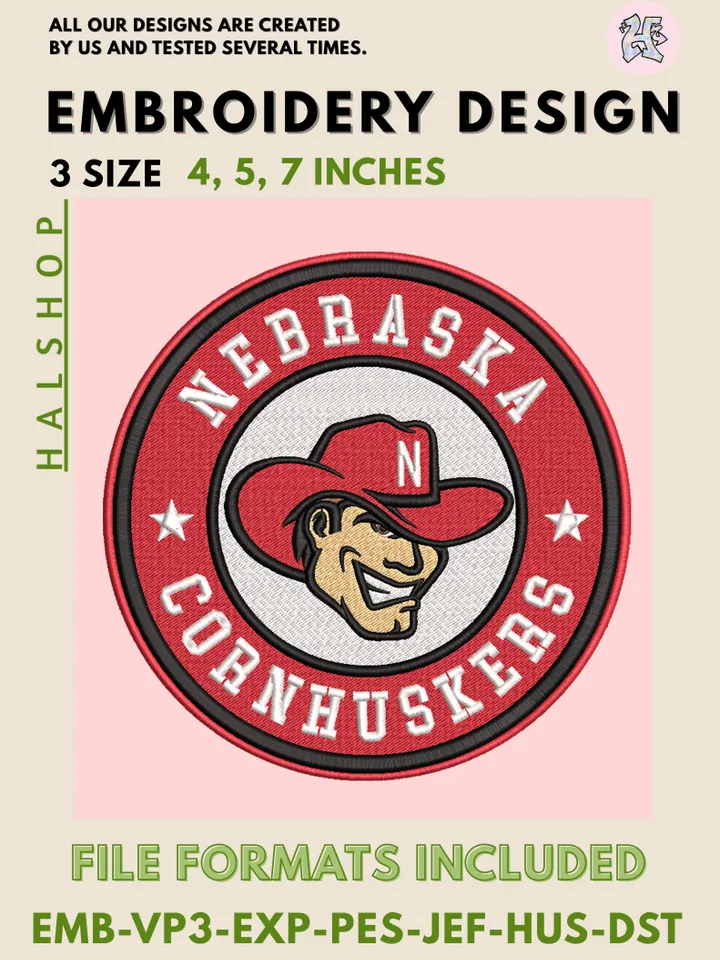 NCAA Nebraska Cornhuskers Round Logo Embroidery, NCAA Nebraska Cornhuskers Logo Embroidery Files, Machine Embroidery Designs, Digital Download
